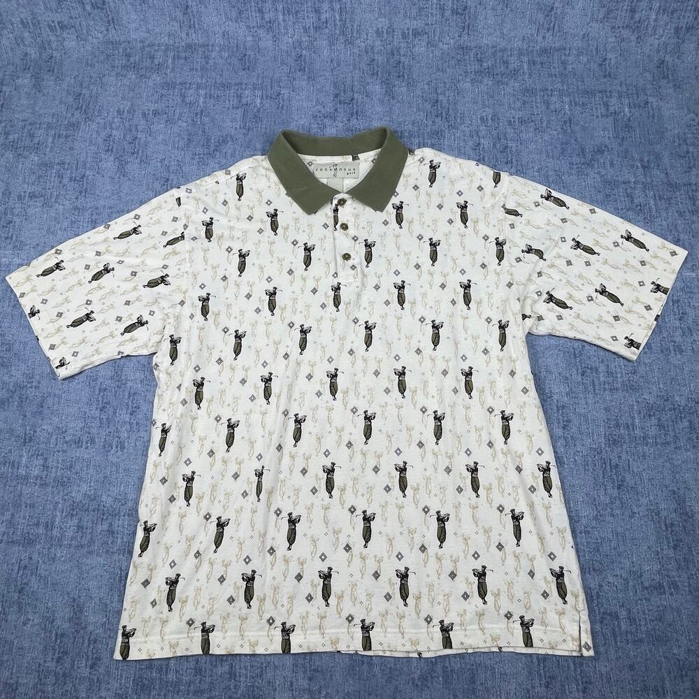 Vintage Consensus Golf Polo Shirt Mens XXL All Over Golfer Print 100% Cotton